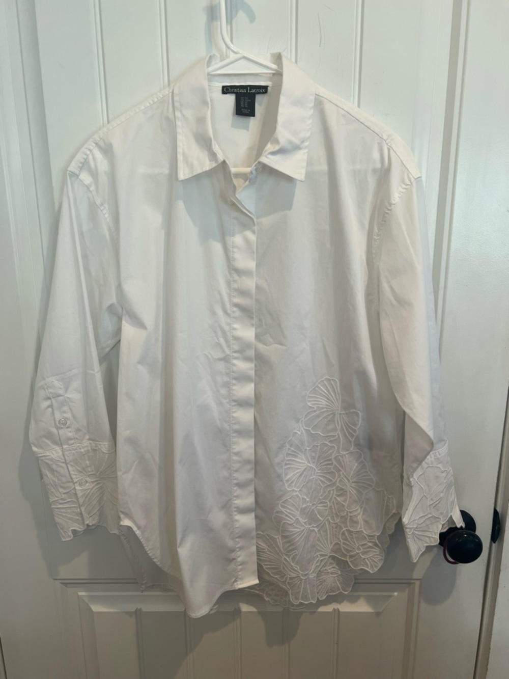 Christian Lacroix White Button-Down Shirt with Ginko Biloba Embroidery